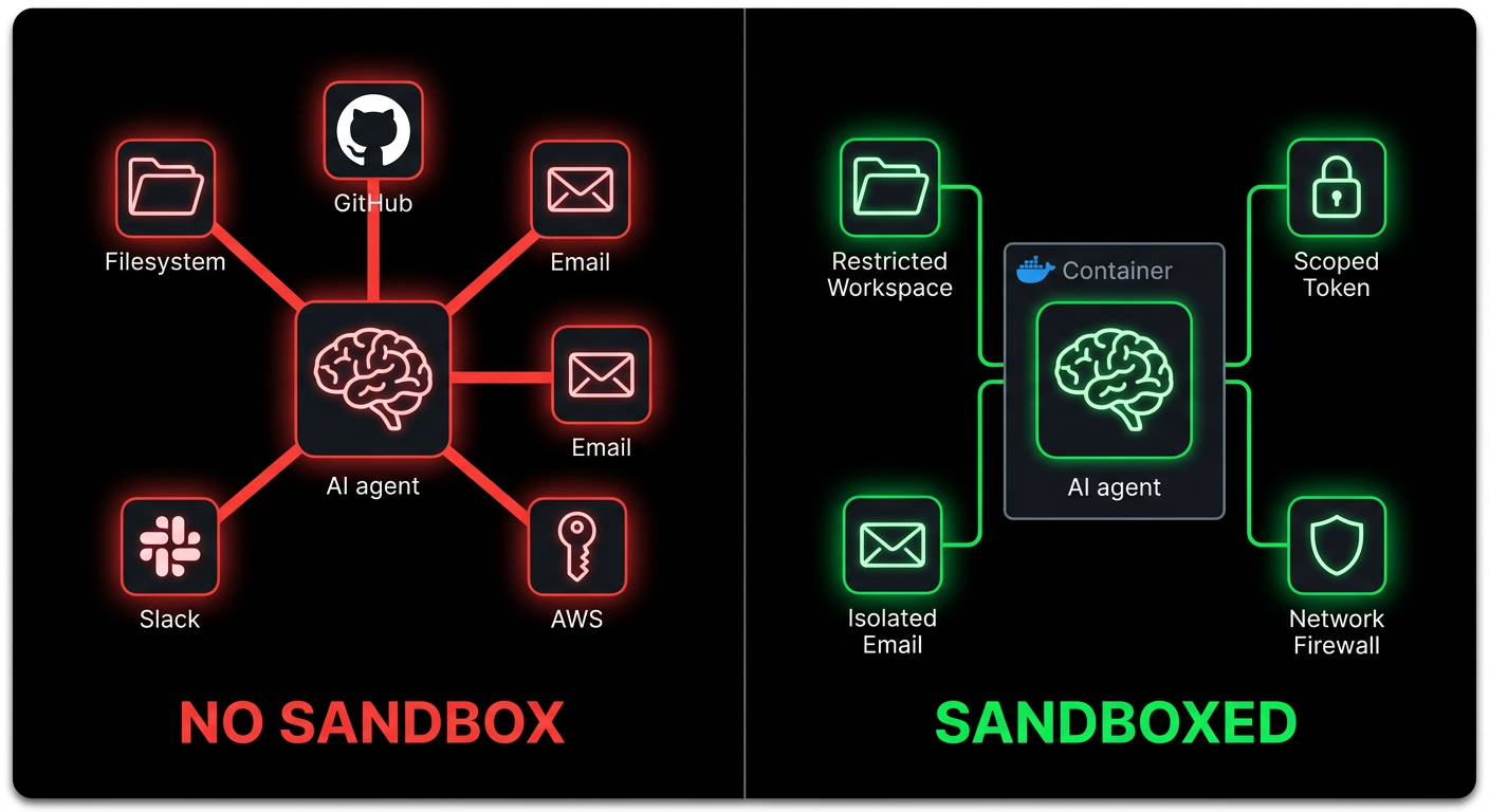 Sandboxed agent on a restricted workspace vs. agent running loose on your daily machine